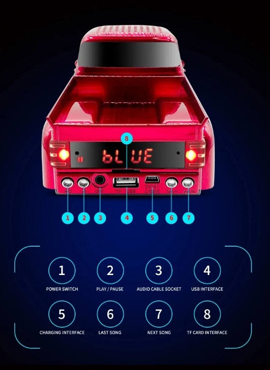 WS-538 Pickup TF USB FM AUX Handsfree LED Light Car Shape Wireless Radio Blue Tooth Speaker